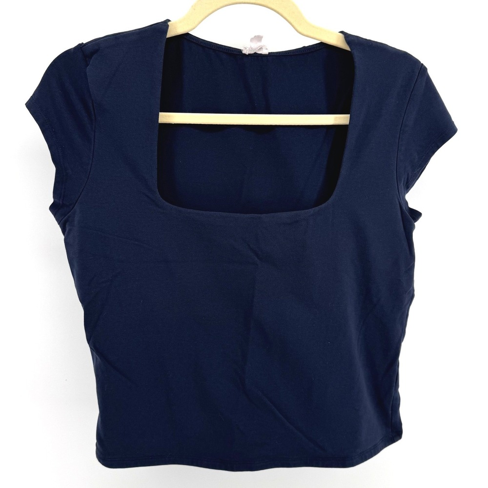 Y2K Garage Crop Top Women XL Navy Square Neck Short Sleeve Basic Shirt FLAWED
